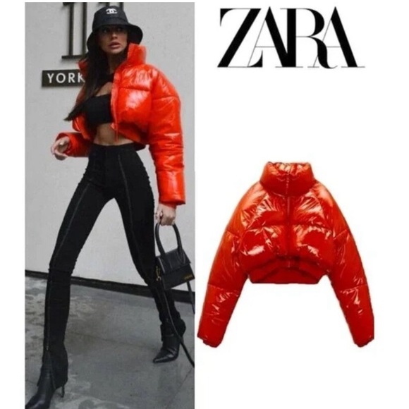 XS Zara Cropped Quilted Puffer Jacket Glossy Orange 🔥Hot Item + Blogger Fave🔥 - Picture 8 of 9